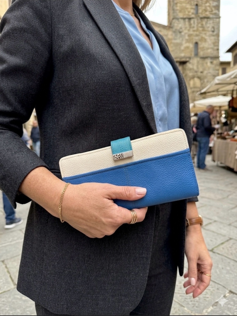 Brighton Blue and Cream Leather Colorblock Clutch Wallet